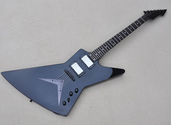 

black 6 strings electric guitar with rosewood fretboardstrings through body