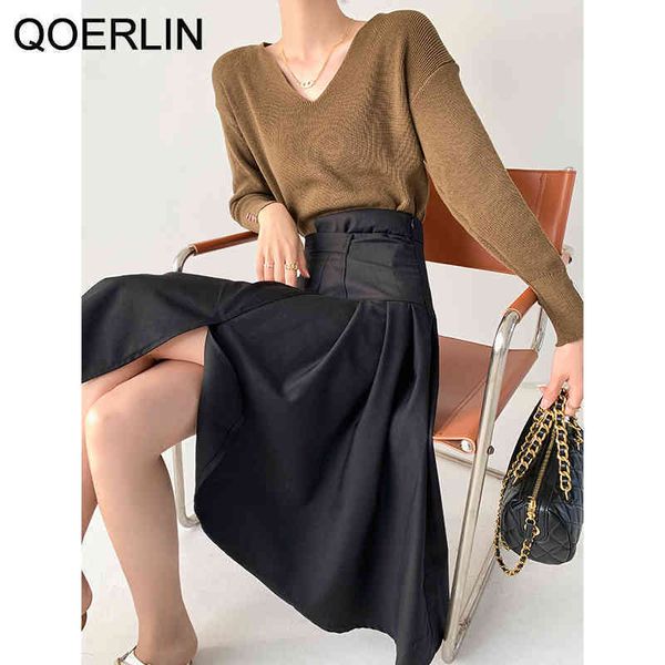 

qoerlin s2xl irregular high waist skirt women back zipper fly high street elegant korean design black aline pleated skirt girl 210412