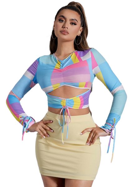 

sxy colorblock drawstring cut out tee w2s6#, White