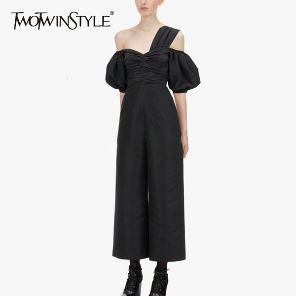 

twotyle anklelength jumpsuit female asymmetrical collar lantern half sleeve high waist ruched jumpsuit clothing y200422, Black;white