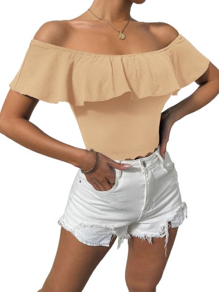 

off shoulder ruffle detail lace hem tee j1rx#, White