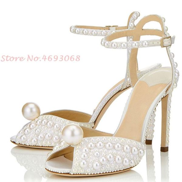 

sandals peep toe pearl heels women ankle wrap white bride evening pumps casual party 2022 women's summer, Black