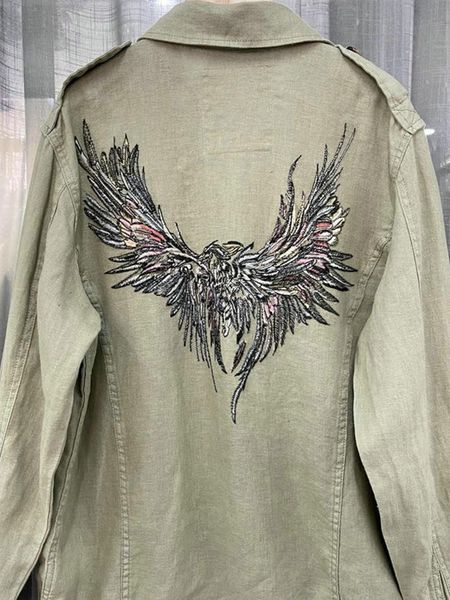 

women's jackets women's army green jacket 2022 back eagle embroidery loose turn-down collar zipper lady outwear with pockets shoul, Black;brown