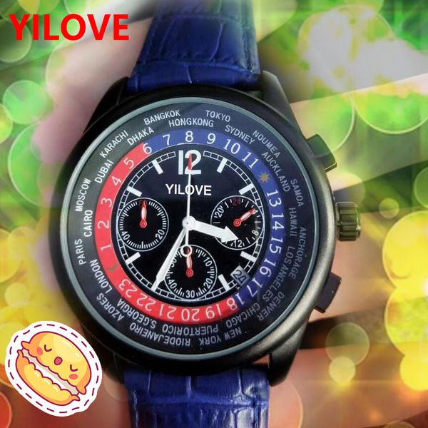 

red and blue six hands series mens watch subdials all working world time clock stainless steel pilot case black brown leather wristwatch, Slivery;brown