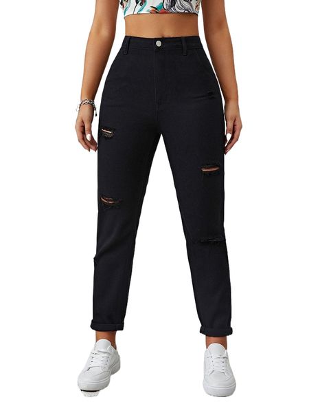 

ripped high waist solid pants m8gl#, Black;white