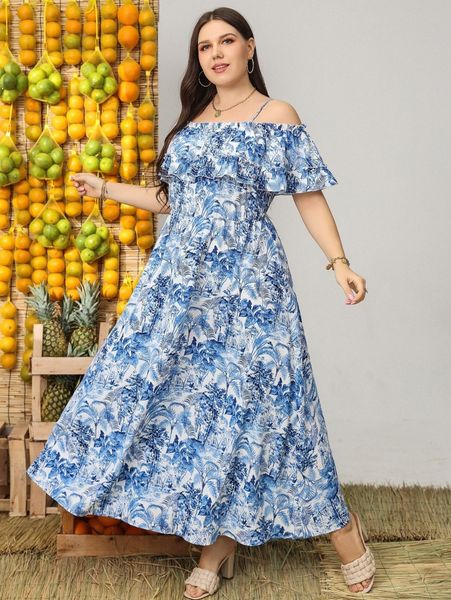 

plus tropical print cold shoulder ruffle trim dress k76r#, Black