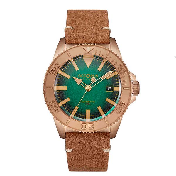 

wrist watch men mechanical bronze watch luxury vintage water ghost nh35 automatic c3 luminous cusn8 leather strap 500m diver ocs, Slivery;brown