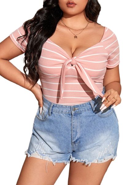 

plus striped knot front sweetheart neckline tee 08f5#, Black