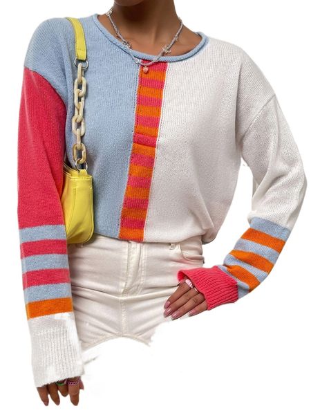 

striped pattern colorblock drop shoulder sweater s4fu#, White;black