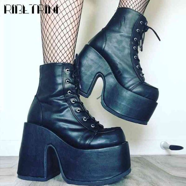 

boot brand luxury platform high heels women boots lace up goth punk chunky thick bottom leisure fashion for shoes 220325, Black
