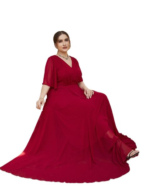 

plus solid plicated butterfly sleeve belted maxi dress o6dv#, Black