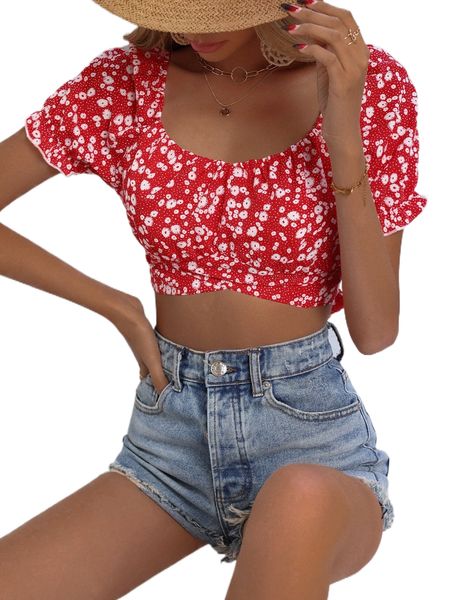 

ditsy floral puff sleeve tie back crop blouse k58y#, White