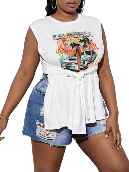 

plus car & letter graphic cut out knot front tank p161#, Black