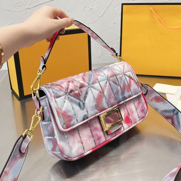 

tie dye baguette bag tote crossbody bags genuine leather women shoulder handbags purse removable shoulder strap metal flap hasp square purse