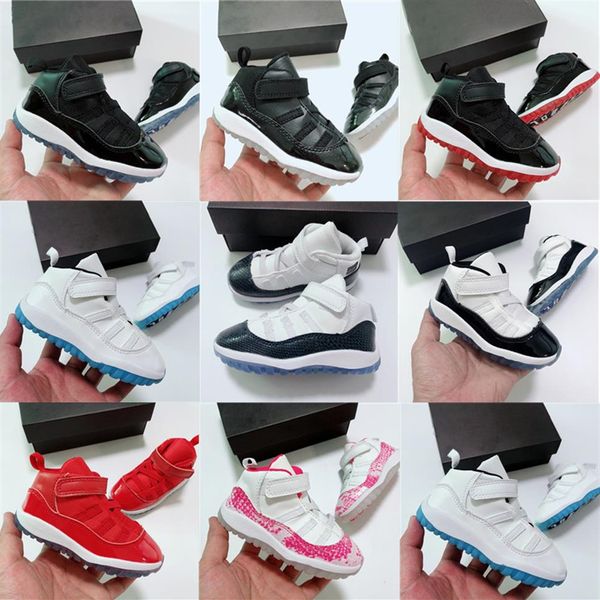 

11s kids basketball 72-10 jumpman sports shoes bred low white bred concord legend blue pantone ovo grey snake skin boys girl train3259, Black