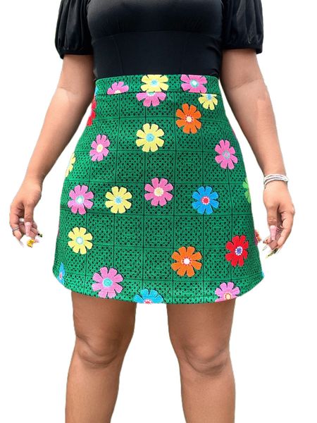 

plus high waist floral print skirt b4so#, Black