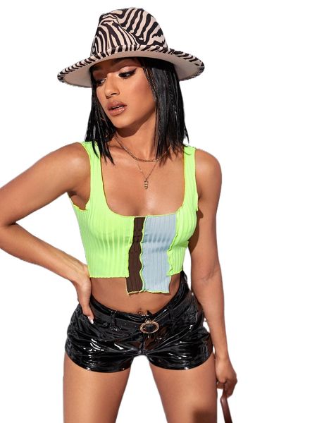 

asymmetrical hem lettuce trim colorblock crop tank 99os#, White