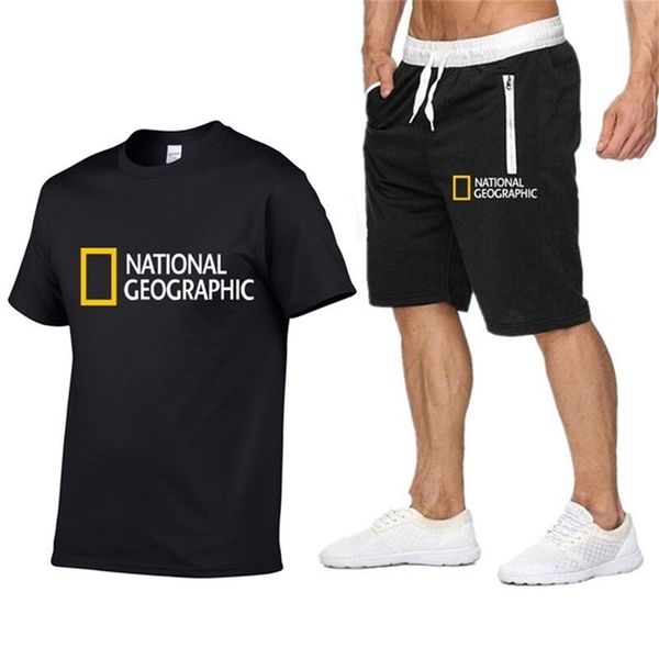 

national geographic tracksuit sets men s casual brand fitness sweatshirt two piece t shirt shorts hip hop fashion clothing 220613, Gray