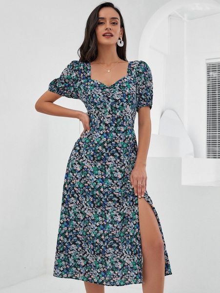 

sweetheart neck allover floral print split thigh dress p9hx#, Black;gray