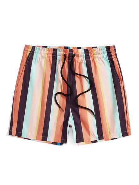 

men vertical striped drawstring waist shorts 07eu#, White;black