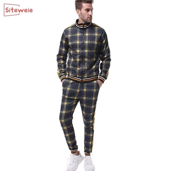 

siteweie mens joggers set casual sportswear men's sets sweatsuit two piece set fall plaid print zipper tracksuit outfit g441 201210, Gray