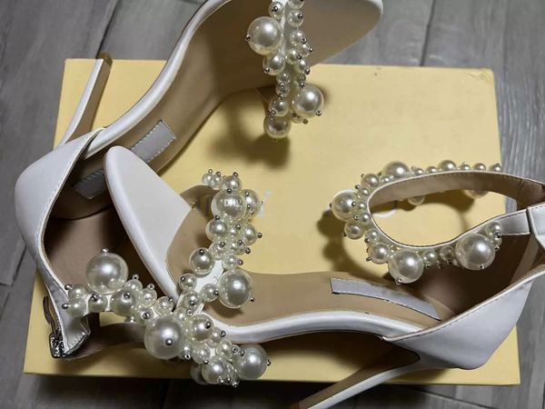 

[real p,eu34-43]maisel pearl embellished bridals sandals shoes ankle strap women high heels party wedding pumps perfect lady sandalias, Black