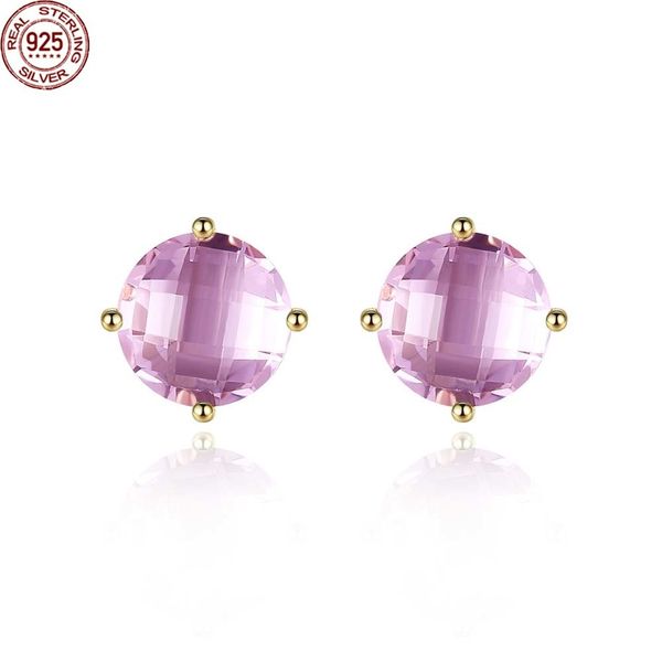 

new new round pink glass cz stud earrings for women fine jewelry fashion 925 sterling silver pendientes bijoux christmas gift party, Golden;silver
