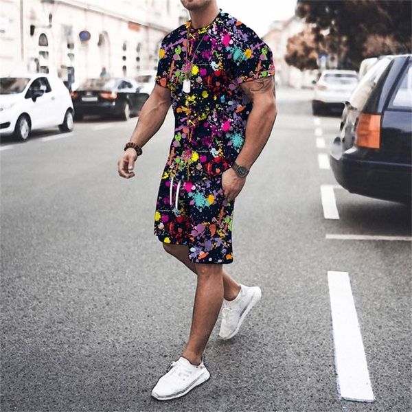 

summer 3d graffiti print men's sets o-neck short sleeve t-shirt shorts men sets fashion tracksuit man breathable 2-piece set 220706, Gray