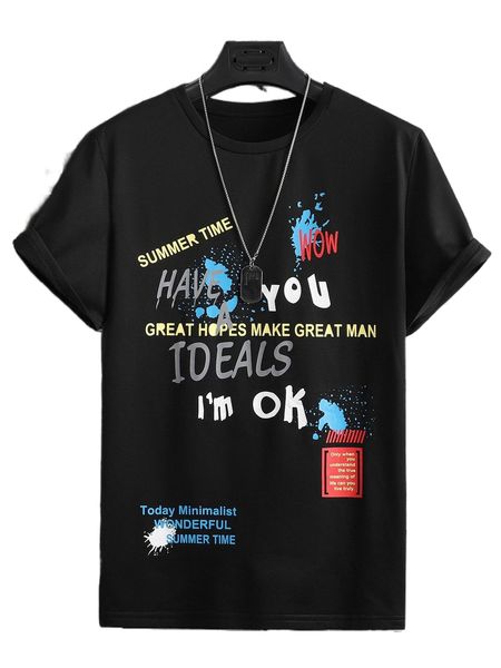 

men slogan & splatter paint tee u2tw#, White;black