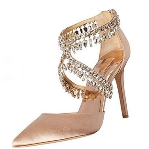 

summer fashion sandals pointed toes rhinestones beeding stiletto heel women champagnes zipper chic sandalias banquet wedding shoes show, Black