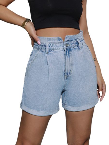

roll up hem denim shorts 2214#, White;black