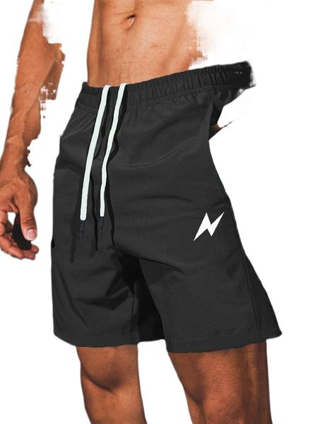 

men lightning print drawstring waist shorts i7h5#, White;black