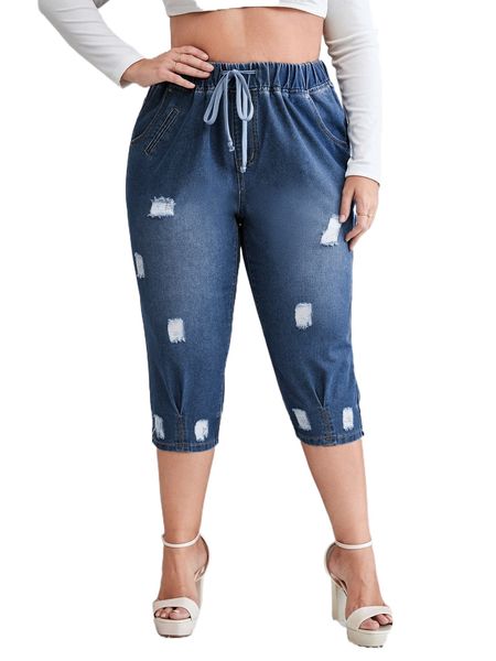 

plus drawstring waist ripped plicated detail capri jeans f4ta#, Blue
