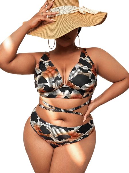 

plus plaid lace up bikini swimsuit u6zc#, White;black