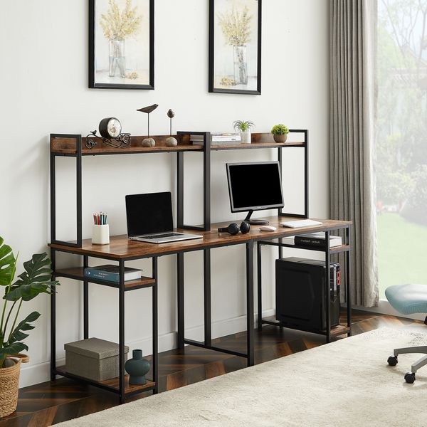 

furniture two person computer desk with storage home office double workstation shelf brown