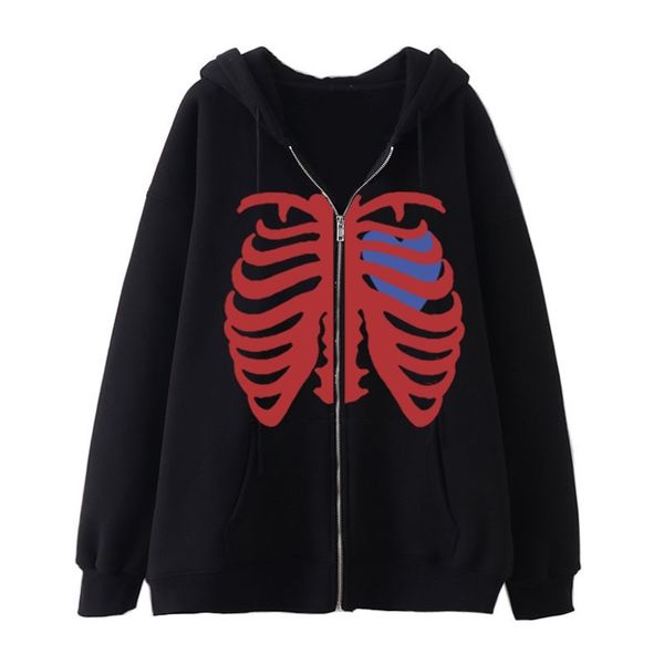 

high street skeleton hoodie spring and autumn erkekler sweetshirts oversize zip up gothic clothing clothes china 220805, Black