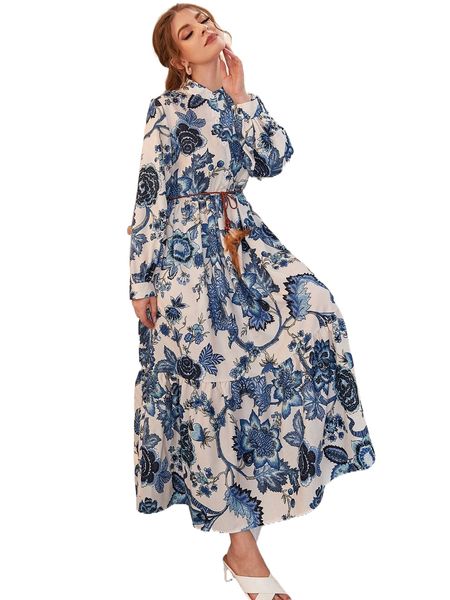 

allover floral print ruffle hem shirt dress 072j#, Black;gray