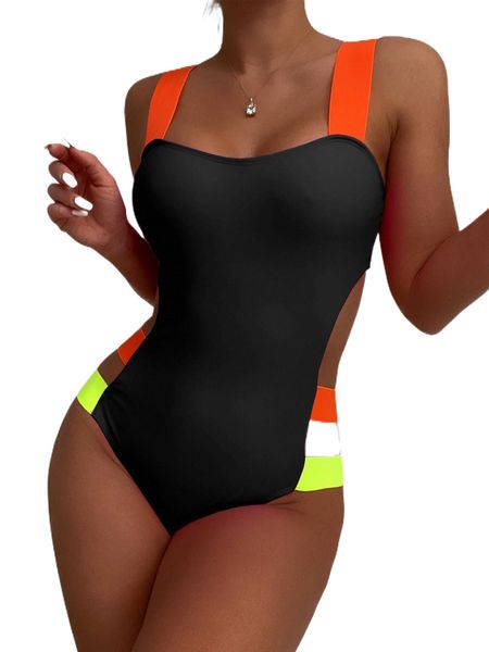

colorful strap cut-out one piece swimsuit f0oo#, White;black