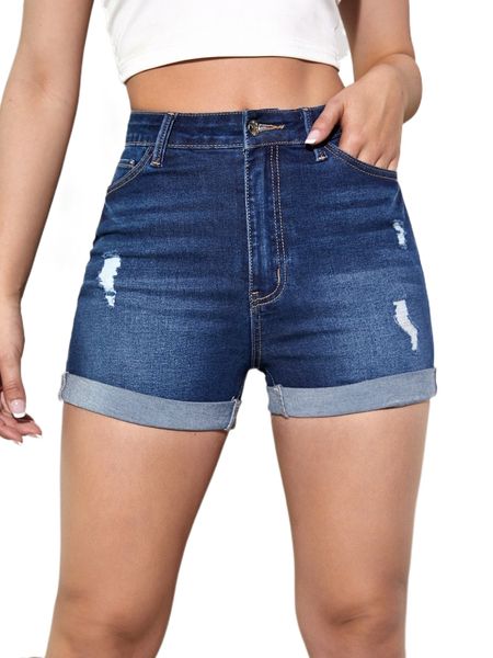 

high waist ripped roll up hem denim shorts o4jv#, White;black