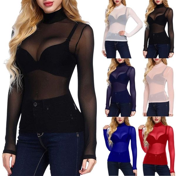

autumn women fashion sheer mesh shirt high neck arm shaper long sleeve casual shirt see through party club slim clothes 220527, White