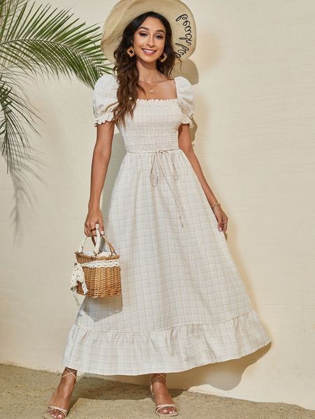 

plaid puff sleeve frill trim dress f8el#, Black;gray