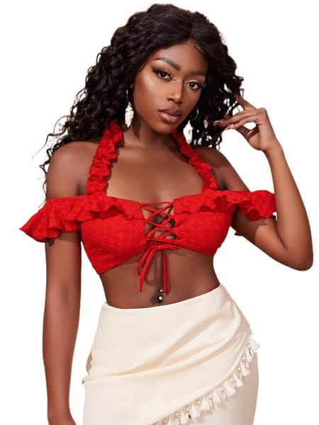 

sxy lace up ruffle trim tied backless crop o1rr#, White