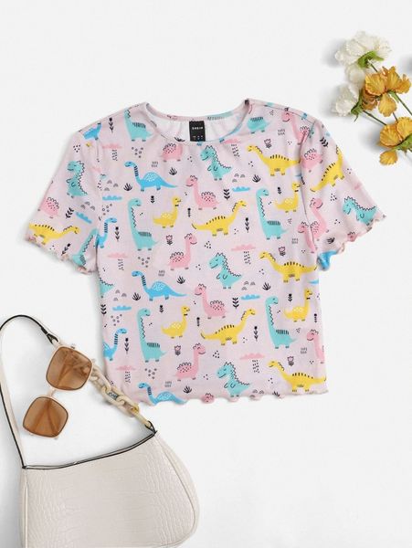 

letter & dinosaur graphic lettuce trim crop tee b5gc#, White