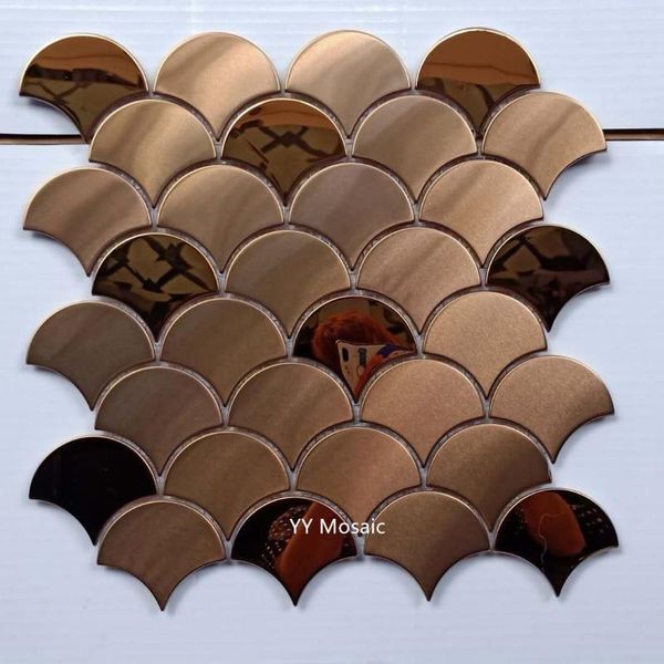 Adesivos de parede 11pcs / caixa, retro estilo industrial shell fan em forma de espelho escovado mosaico de metal, 3 opção de cor