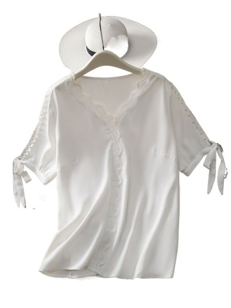 

plus contrast guipure lace trim knot cuff pearls beaded blouse d66t#, Black