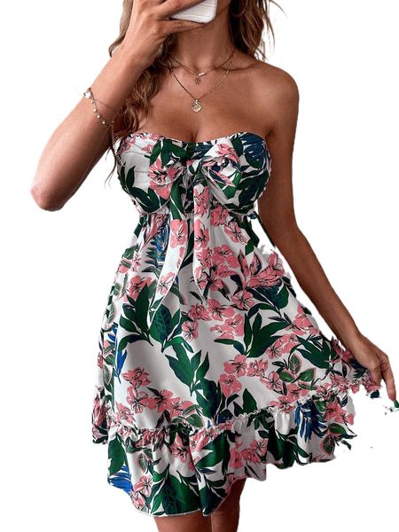 

floral print knot front ruffle hem tube dress b5qf#, Black;gray