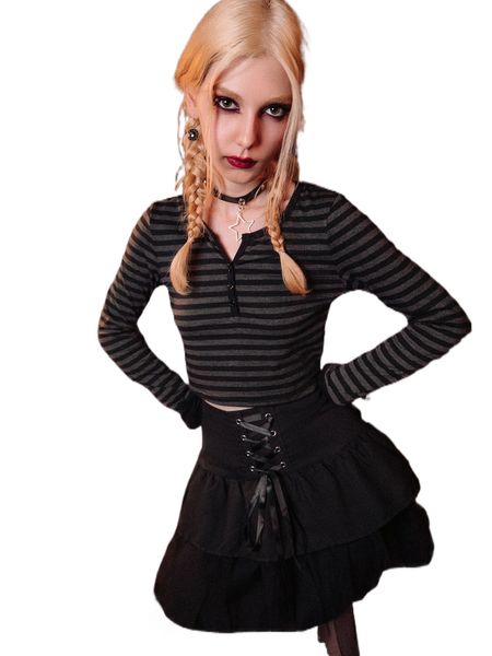 

romwe dark academia striped button front crop tee a26c#, White