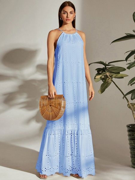 

tie back halterneck ruffle hem schiffy dress d2tj#, Black;gray