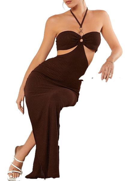 

tie backless split thigh halter dress l7zs#, Black;gray