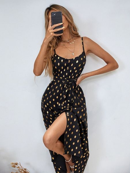 

button front gold dot belted cami dress m7yr#, Black;gray